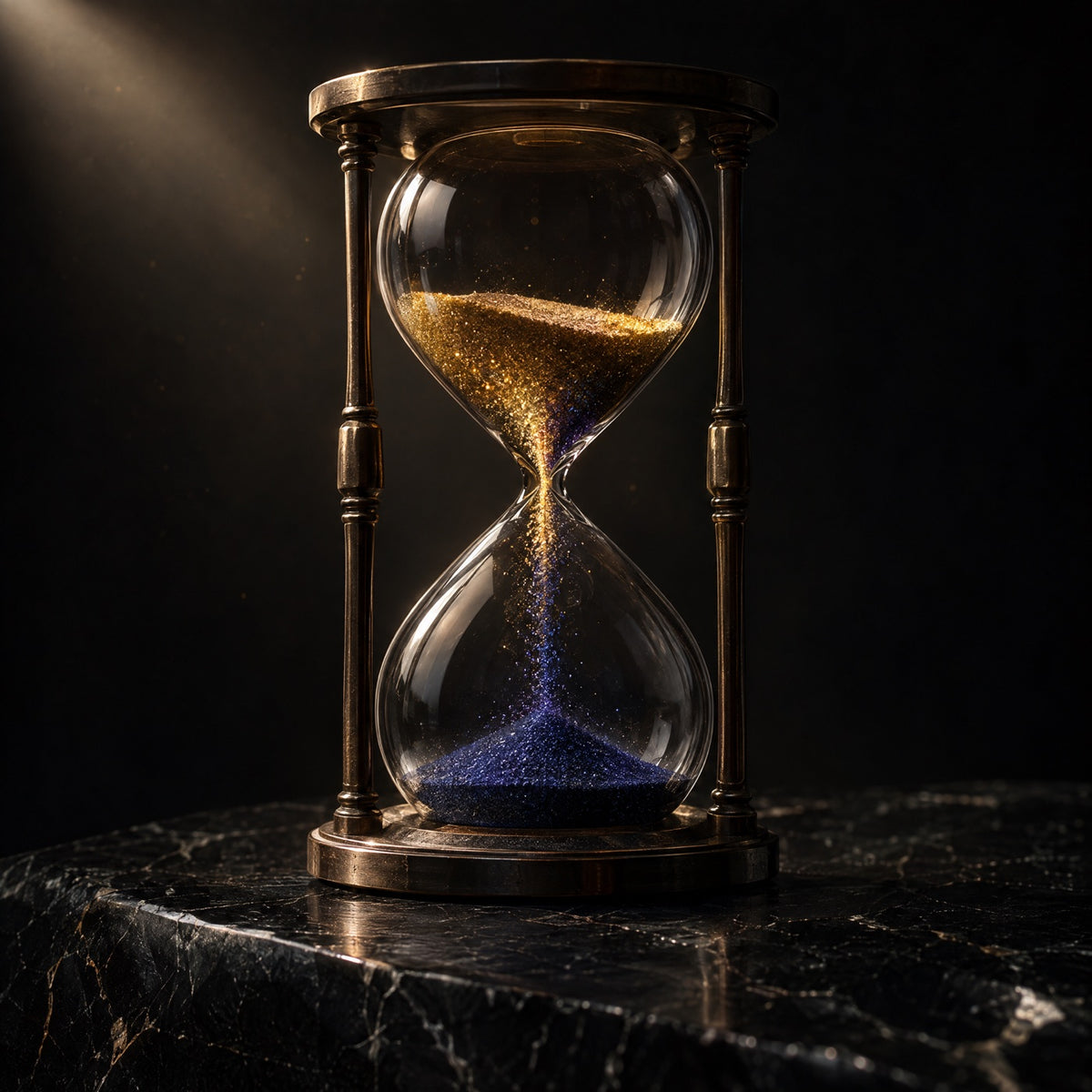 An hourglass whose sand changes colour mid-fall, gold above and indigo below, single light source