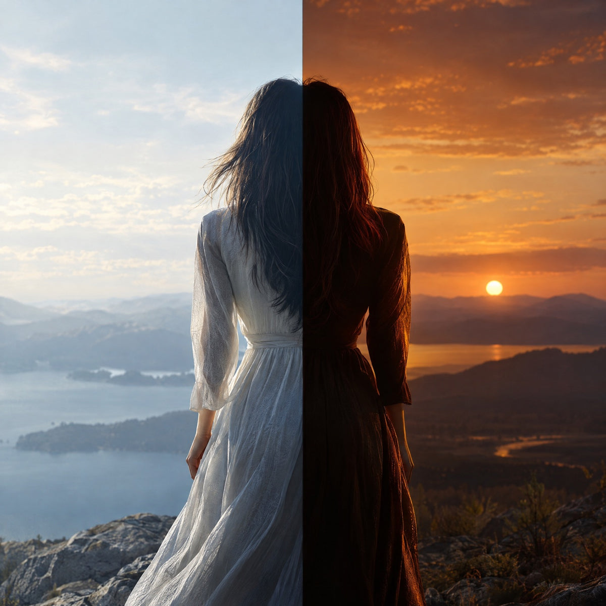 One silhouette splitting into two - morning light on one side, dusk on the other, face withheld